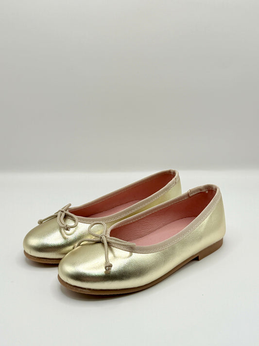 Gold metallic shoes on a white background