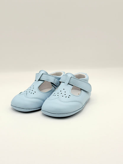 Crib Shoe T-Strap Stone Baby Blue