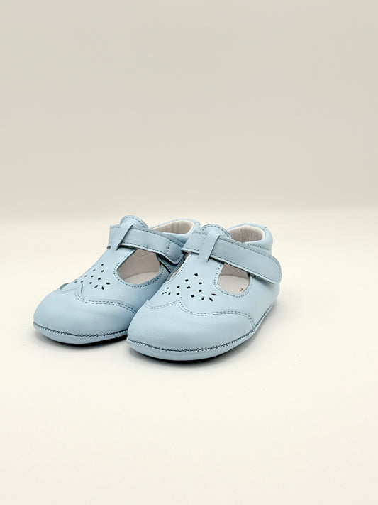 Crib Shoe T-Strap Stone Baby Blue