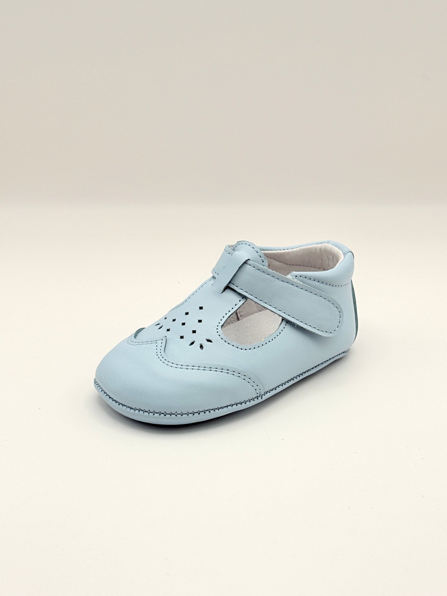 Crib Shoe T-Strap Stone Baby Blue